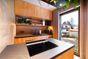 a kitchen with a counter and a large window at Apartmán Skalka na Šumavě, Železná Ruda in Železná Ruda