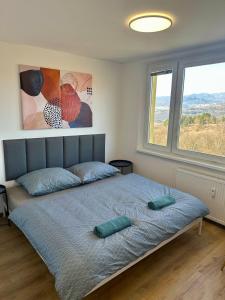 a bedroom with a bed with two pillows on it at Pieninská apartment in Banská Bystrica