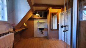 a bathroom with a sink and a toilet in a room at Ferienhaus Spreewaldnostalgie in Burg Kauper +19 photos