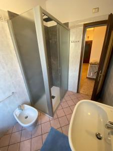 ティラーノにあるAlp Grüm Apartment - 8 min walk to Bernina Expressのシャワー、洗面台、トイレ付きのバスルーム