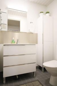 une salle de bain blanche avec un lavabo et des toilettes dans l'établissement Uniikki kolmio Aurajokinäkymin, à Turku