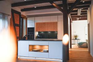 a kitchen with a fireplace in the middle of a room at Ferienhaus Gersmühle in Satteldorf