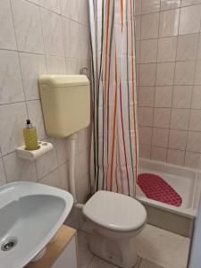 a bathroom with a toilet and a shower curtain at Apartman Olly in Klek +13 photos