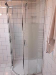 a shower with a glass door in a bathroom at Avlu 4 in Marmaris