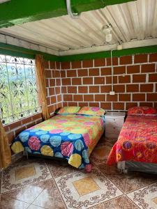 a room with two beds and a brick wall at Andean Mot Mot Coffee - Puerto Asís Farm in Aranzazu
