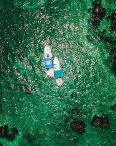 an aerial view of a boat in the water at Hotel Cielo y Selva in Punta Allen