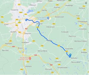 a map showing the route of a road at L'Auberge du canal in Brebotte