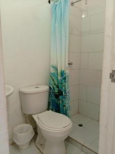 a bathroom with a toilet and a shower curtain at mirador 1 in Santa Marta