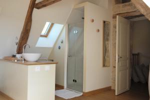 a bathroom with a sink and a shower at Maison Saint-Martin in Calvignac +16 photos