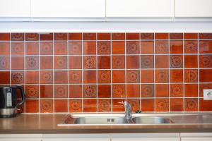 a kitchen with a sink and a tiled wall at Horizon 0501 P in Sint-Idesbald +17 photos