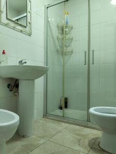 Un baño con lavabo y ducha de cristal. en Alojamiento Sheril Zaidín 1, en Granada