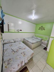 two beds in a room with green walls at JoMckayl Apartelle Naga City Bicol in Naga