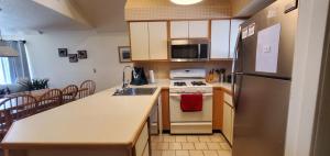 a kitchen with a stainless steel refrigerator and a sink at Woods Village 43 in Killington