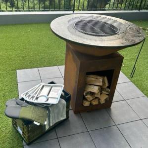 un tavolo con griglia sopra un camino di 真鶴ペットと泊まれて専用屋上付きスタイリッシュなapartmentHotel途乃中RC2 a Manazuru Altre 10 foto