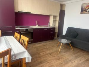 a kitchen and living room with a couch and a table at Selina Apart Transilvania in Braşov +9 photos