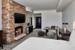 佩索罗伯斯Bellasera Hotel & Suites Paso Robles, Tapestry by Hilton的酒店客房设有壁炉和一张床。