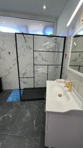 Un baño con lavabo blanco y ducha en LE REX Nice, en Niza 67 fotos más