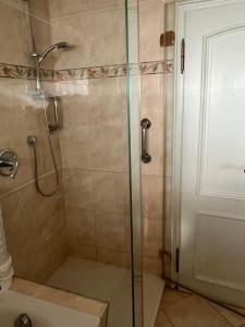 une douche avec une porte vitrée dans une salle de bain dans l'établissement Dünenhaus Garten, à Timmendorfer Strand 13 autres photos