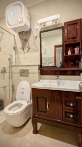 a bathroom with a toilet and a sink and a mirror at Serai Habitat in Solan +56 photos