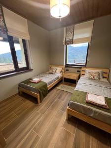 a bedroom with two beds and two windows at KOLO Котеджний комплекс in Tatariv