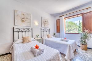 two beds in a room with white walls and a window at Ideal Property Mallorca - Tacaritx in Cielo de Bonaire 