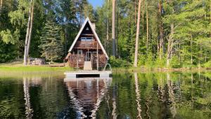 a cabin in the middle of a lake at Saarjärve Väike Puhkemaja järve ääres in Viira