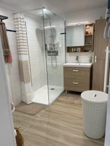 Maison dans la Pinède à Lacanau في لاكانو: حمام مزود بدش ومغسلة