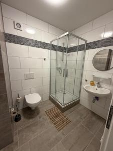 a bathroom with a shower and a toilet and a sink at Übernachtung by Tag in Kassel +13 photos
