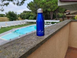 a blue bottle sitting on a ledge next to a swimming pool at Villaggio Mietta in Castiglioncello