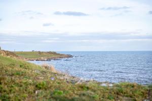 a view of the ocean from a grassy hill at Ledgers Cottage- Harbourfront Home Pittenweem in Pittenweem