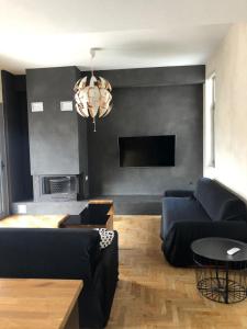 a living room with a couch and a tv at Luxurious apartment with big balconyBEST location in Athens
