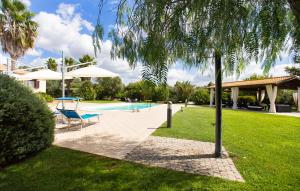 アルゲーロにあるVilla Paradiso with swimming pool large garden and tennis courtのヤシの木がある庭のスイミングプール