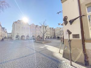 a street with a fountain in the middle of a city at 67-Ratusz - DeerRest Apart in Jelenia Góra +4 photos
