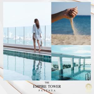 a collage of photos of a woman standing next to a swimming pool at Sea View 2 Bed Room Luxury Near The Beach in Jomtien Beach