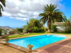 a swimming pool in a yard with a palm tree at Casa Lilo, en jardin grande, con una gran piscina y barbacoa in Arona