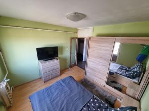 a small room with a bed and a mirror at Los Robles Avenue 2311 in Kaposvár