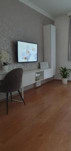 a living room with a tv and a chair at Orchidea Apartman in Gödöllő