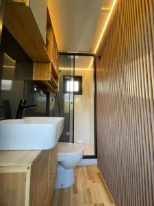 a bathroom with a white sink and a toilet at Houseboat mét sloep in Midlaren