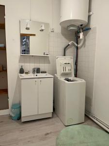 a small kitchen with a sink and a washing machine at Maison calme in Seyne