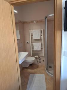 a bathroom with a toilet and a sink and a shower at Merano Panoramablick ruhig gelegen in Merano +22 photos