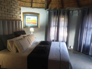 een slaapkamer met een groot bed met een lamp erop bij Uitzicht Guest Farm in Kroonstad