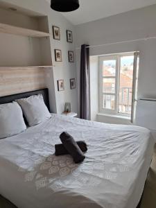 伊苏瓦尔Petit appartement charmant centre Issoire avec jolie Vue - WiFi的卧室配有白色的床和帽子