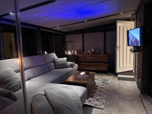 Una sala de estar con un sofá y un televisor. en Luxury-Wellnessresidence- Altes Kapitänshaus, en Dranske