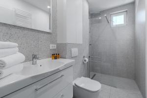une salle de bain avec toilettes, lavabo et douche dans l'établissement Snagov Flat, à Oradea 16 autres photos