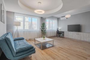 un salon avec un canapé et une télévision dans l'établissement Snagov Flat, à Oradea