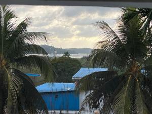 two palm trees in front of a blue building at Gem Continental in Jangli Ghāt