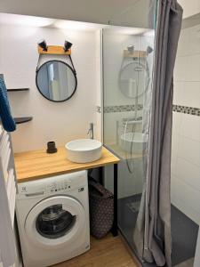 a bathroom with a washing machine and a mirror at L'Eclat Terrasse - Piscine - Tennis in Ondres