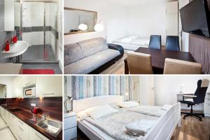un collage di foto di una camera da letto e di un bagno di Apartments Kopečná with parking a Brno