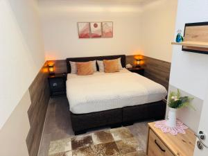 un dormitorio con una cama en una habitación en 2 Room Galerie Einliegerwohnung in Rheinstetten, Messe Nähe, Rollstuhlfahrer geeignet, en Rheinstetten 17 fotos más