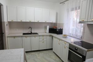 a white kitchen with white cabinets and a sink at Casa Carmen in Poienile Izei